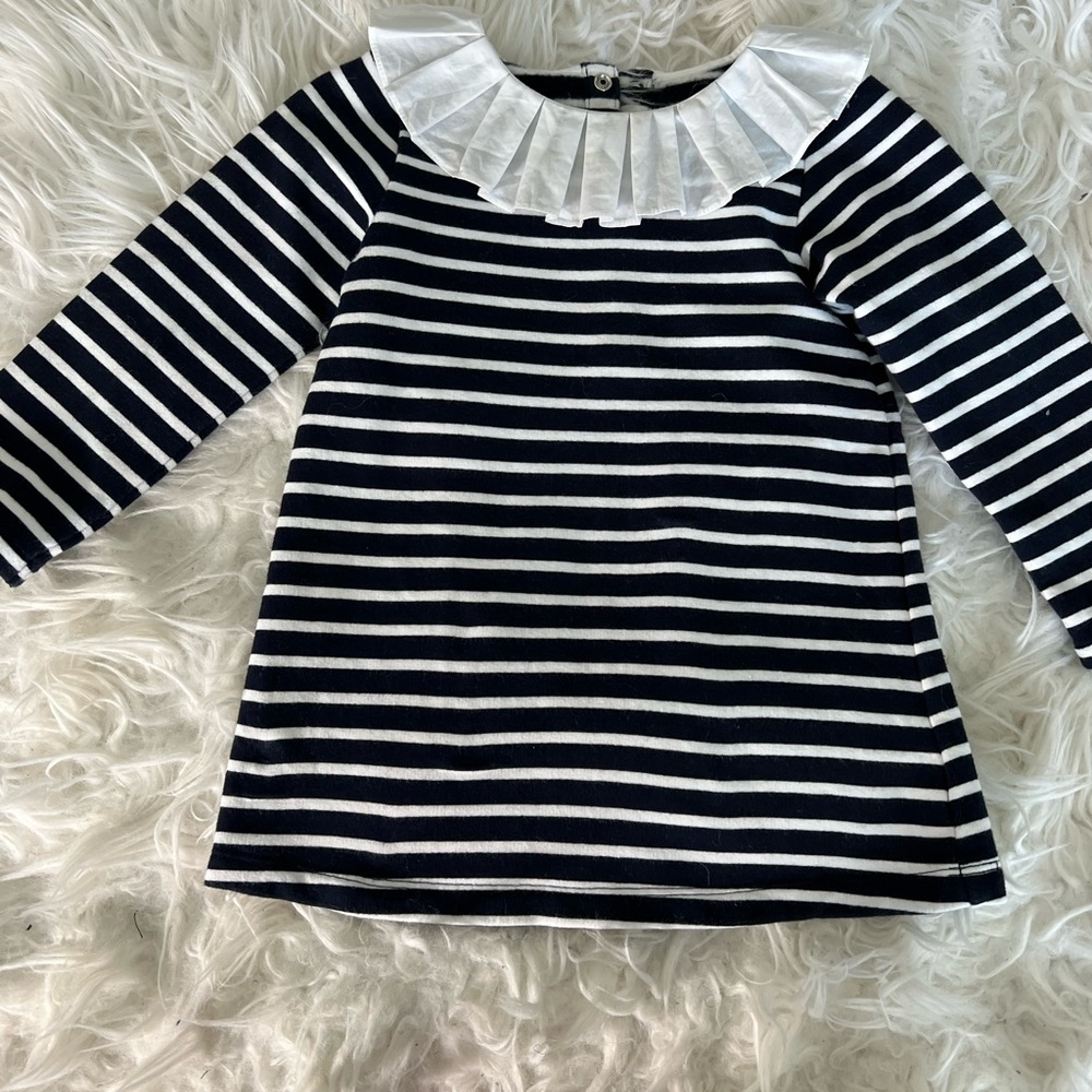 Jacadi Paris 100% Cotton blue and white sailor long sleeve dress.
